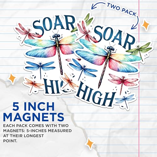(2 Pack) Soar High Dragonfly Magnets - Inspirational Dragonfly Magnets - Motivational Quote Magnets- 5" On Longest Side - for Fridges, Toolboxes, Cars - Made in USA - MAG2691