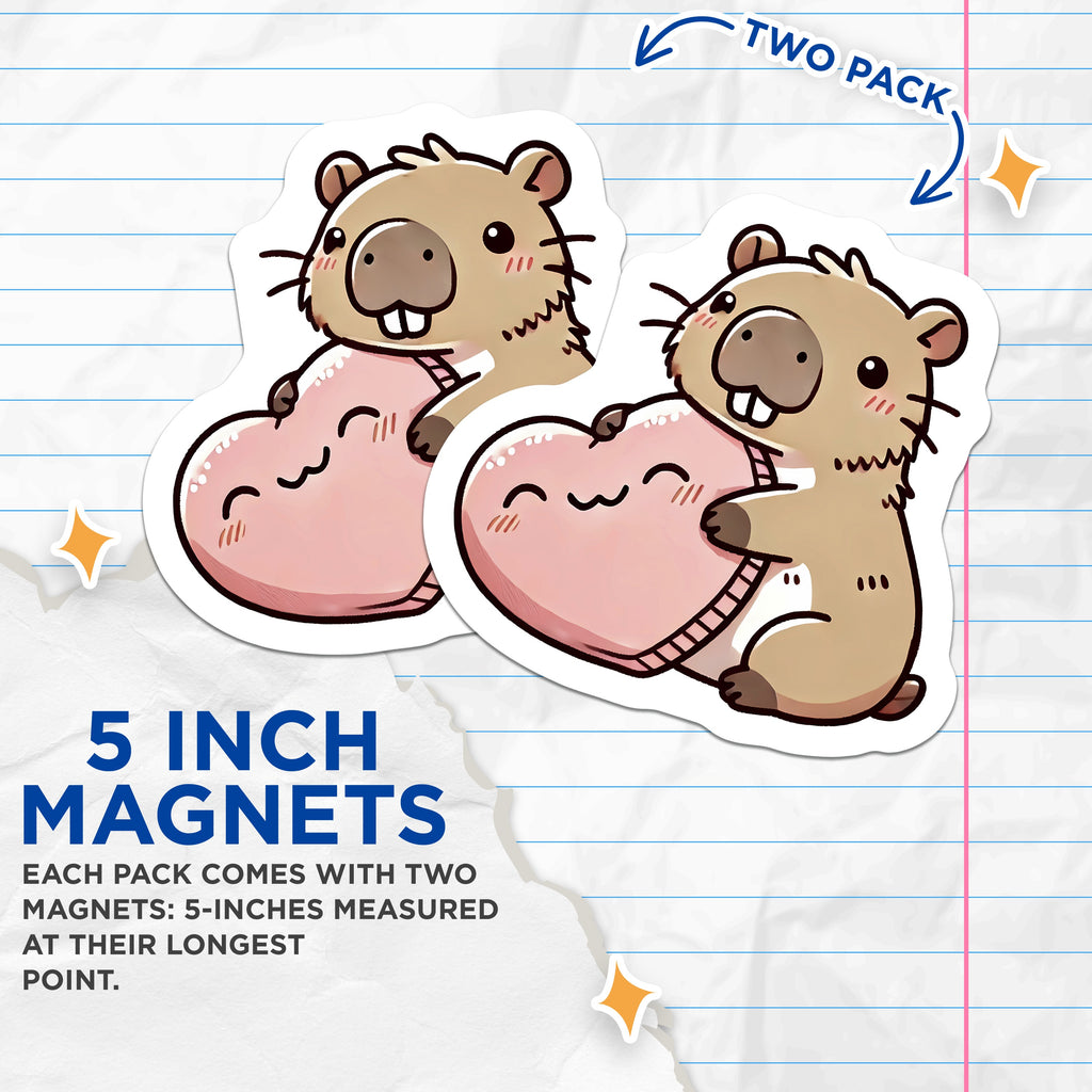 (2 Pack) Cute Capybara Holding Heart Magnets - Kawaii Animal Love Decor - Valentines Day Refrigerator Accent Locker Art - 5 Inches On Longest Side - Thick Durable Magnet - Made in USA - MAG37067