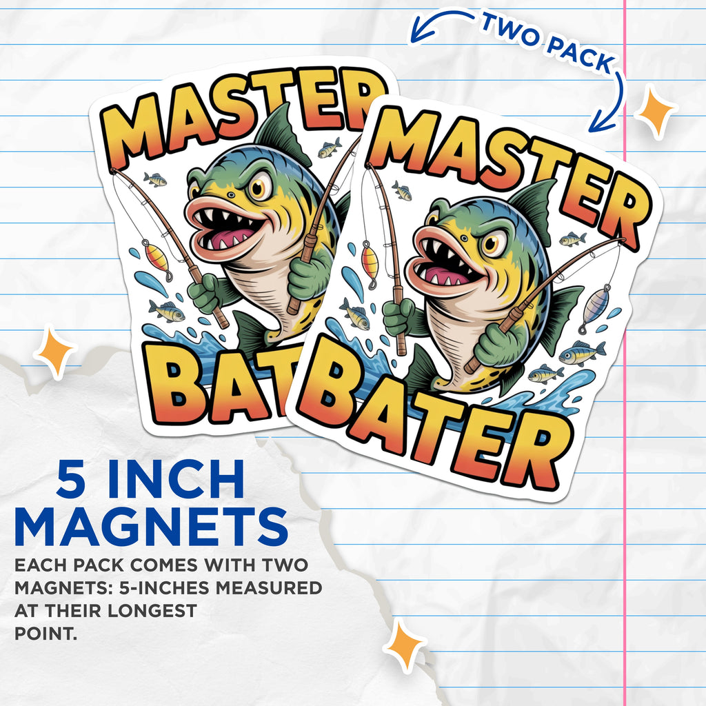 (2 Pack) Master Bater Fishing Magnets - Funny Fisherman Humor - Man Cave Fridge Decor - 5 Inches On Longest Side - Thick Durable Magnet - Made in USA - MAG38338