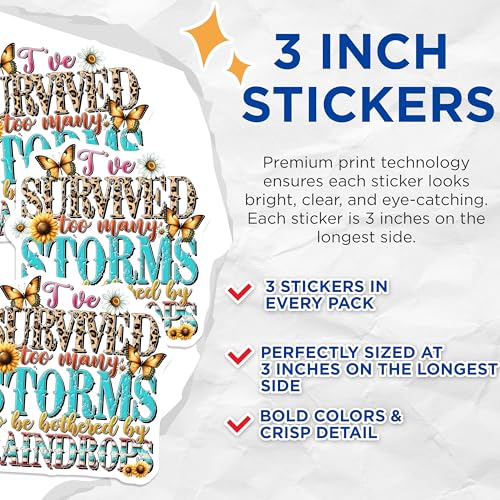 (3 Pack) Survived Storms Decals - Floral Butterfly Sticker - Inspirational Quote Sticker - 3 Inches On Longest Side - Easy Peel & Apply - Made in USA - 3MCS2002