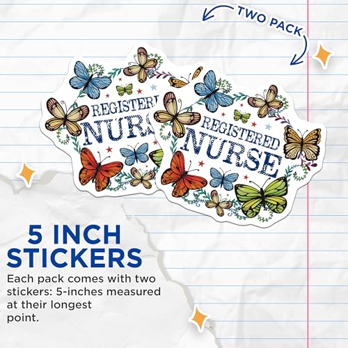 (2 Pack) Registered Nurse Stickers - Butterfly Decor - Nursing Appreciation - 5" On Longest Side - Sticks to Smooth Flat Surfaces - Made in USA - BMCS9169