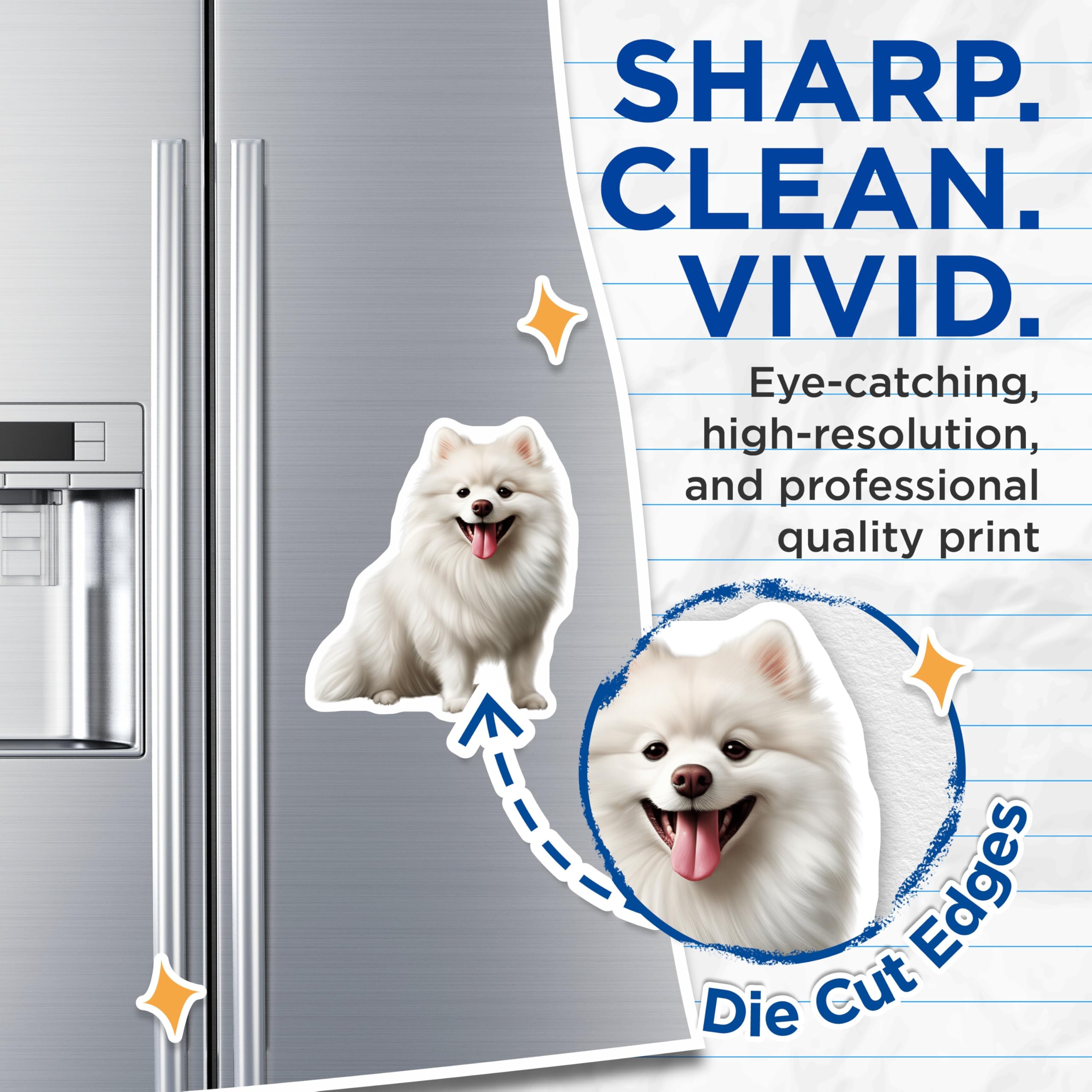 (2 Pack) White Fluffy Dog Magnets - Cute Pomeranian American Eskimo - Happy Puppy Pet Lover Refrigerator Decor - 5 Inches On Longest Side - Thick Durable Magnet - Made in USA - MAG28576