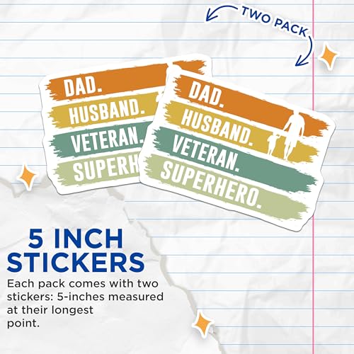 (2 Pack) Dad Husband Veteran Superhero Stickers - Inspirational Dad Stickers - Motivational Veteran Stickers - 5" On Longest Side - Sticks to Smooth Flat Surfaces - Made in USA - BMCS4692