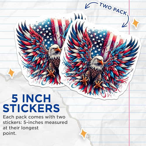 (2 Pack) Patriotic Eagle Stickers - American Flag Stickers - USA Pride Stickers - 5" On Longest Side - Sticks to Smooth Flat Surfaces - Made in USA - BMCS4657