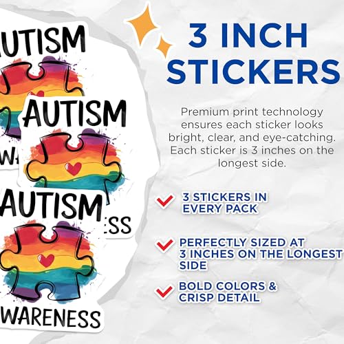 (3 Pack) Autism Awareness Decals - Puzzle Piece Decal - Heart Decal - 3 Inches On Longest Side - Easy Peel & Apply - Made in USA - 3MCS0056