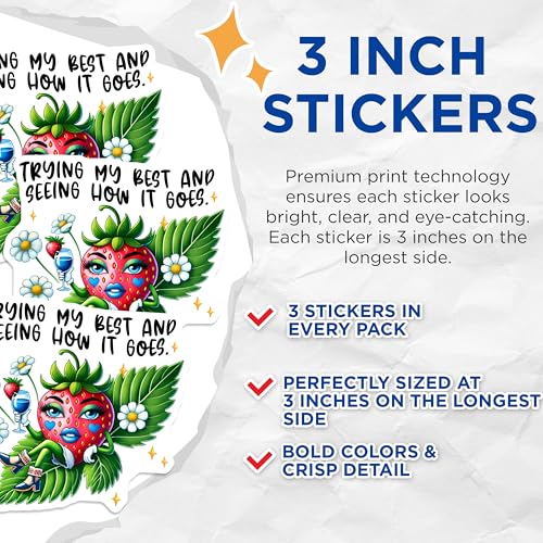 (3 Pack) Strawberry Decals - Funny Quote - Girl with Drink Laptop Decals - 3 Inches On Longest Side - Easy Peel & Apply - Made in USA - 3MCS8443