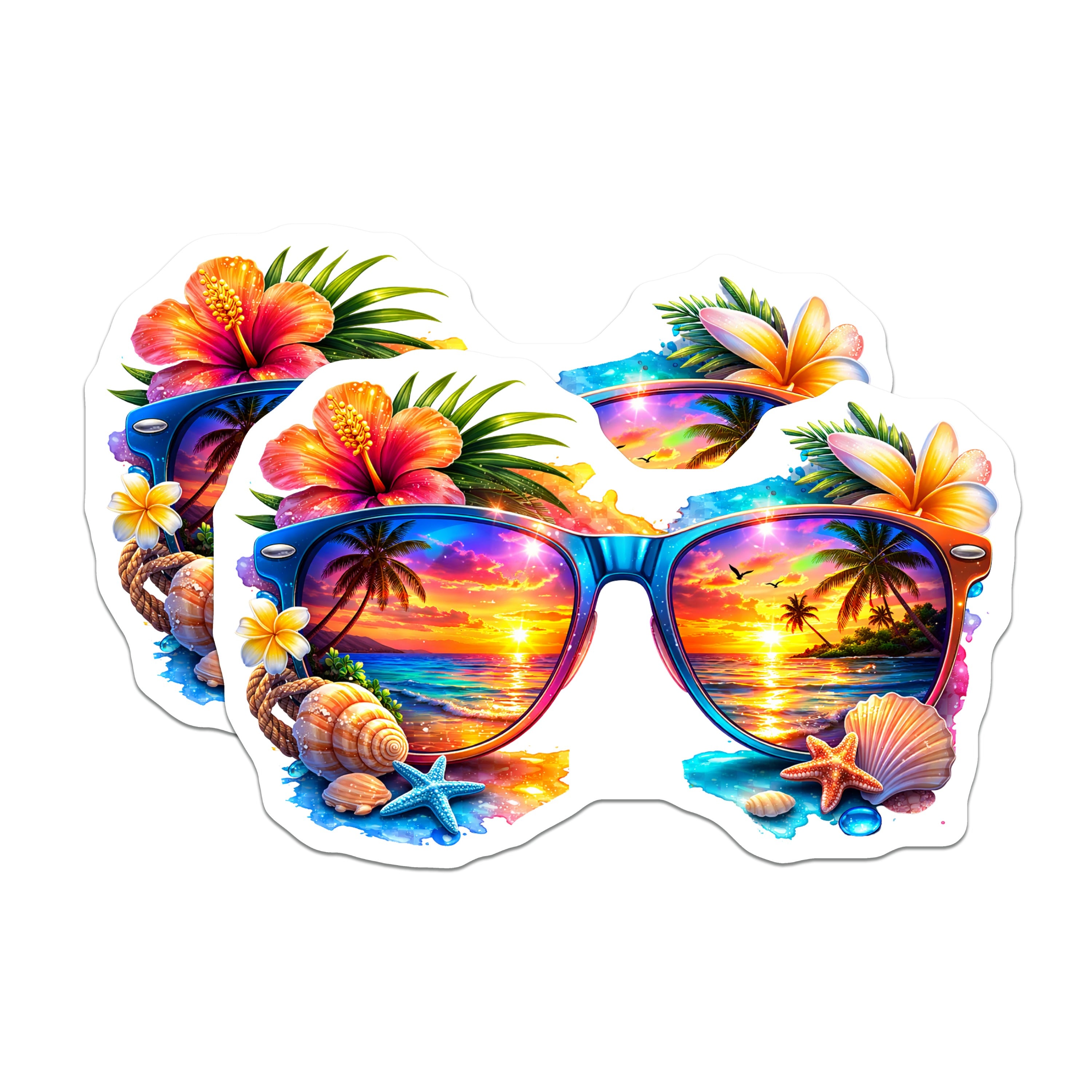 (2 Pack) Tropical Sunset Beach Magnets - Vacation Sunglasses Reflection - Coastal Decor Island Theme - 5 Inches On Longest Side - Thick Durable Magnet - Made in USA - MAG36133