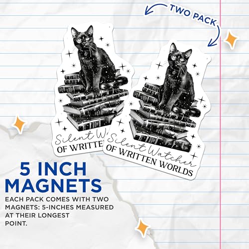 (2 Pack) Silent Watcher Magnets - Cat Book Lover Magnets - Reader Cat Magnet Art - 5" On Longest Side - for Cars, Refrigerators, Toolboxes, Lockers - Made in USA MAG3562