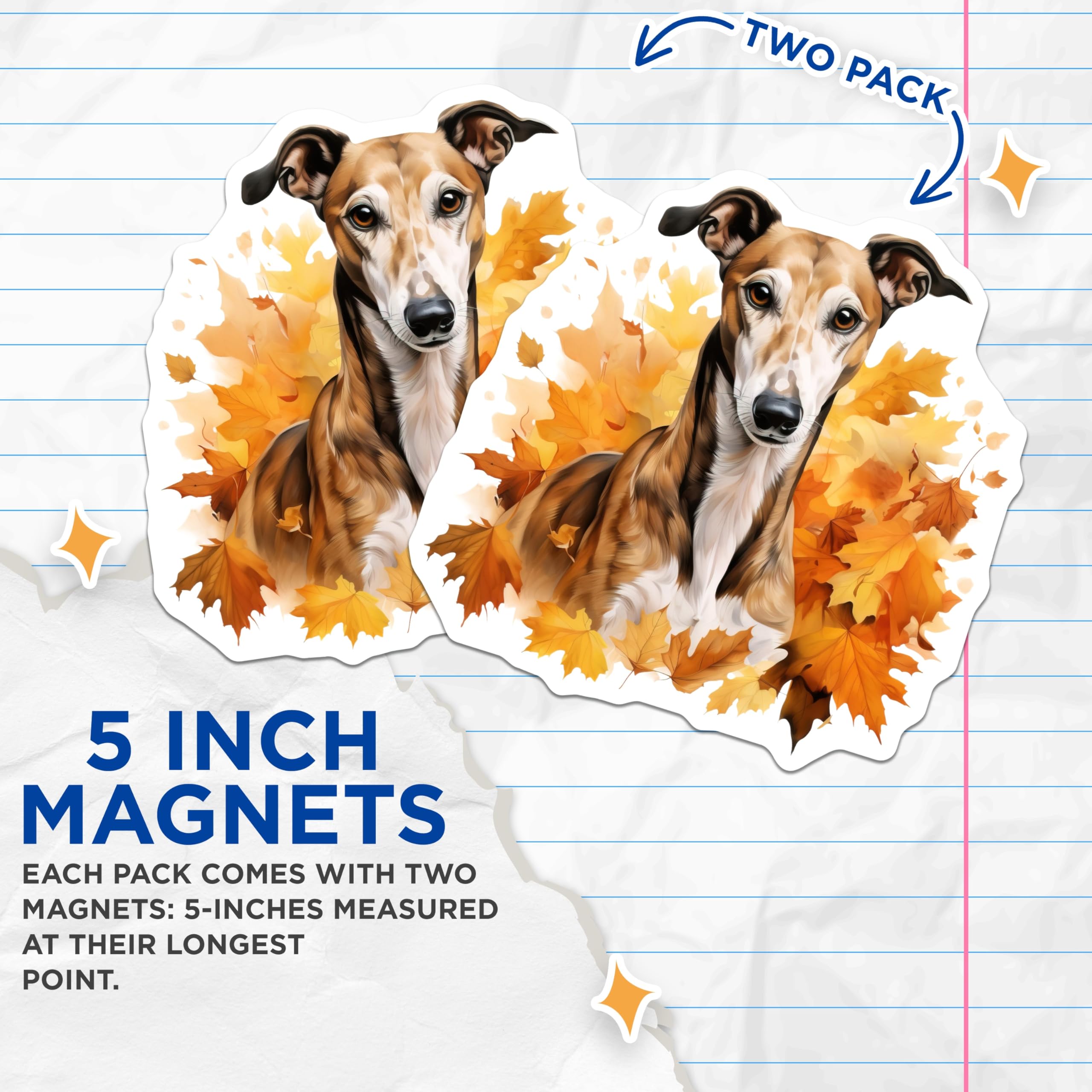 (2 Pack) Greyhound Autumn Magnets - Fall Dog Decor - Whippet Pet Lover Art - 5 Inches On Longest Side - Thick Durable Magnet - Made in USA - MAG29565