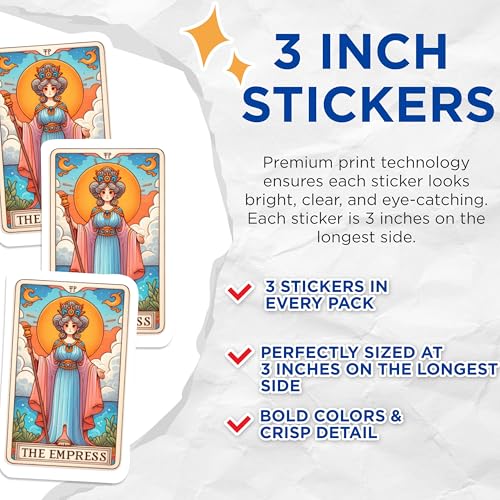 (3 Pack) Empress Tarot Card Decals - Art Nouveau Style Stickers - Mystical Decak - 3 Inches On Longest Side - Easy Peel & Apply - Made in USA - 3MCS1119