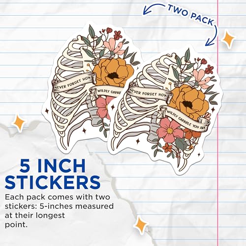 (2 Pack) Motivational Flower Skeleton Stickers - Inspirational Quote - Positive Vibe Stickers - 5" On Longest Side - Sticks to Smooth Flat Surfaces - Made in USA - BMCS5881