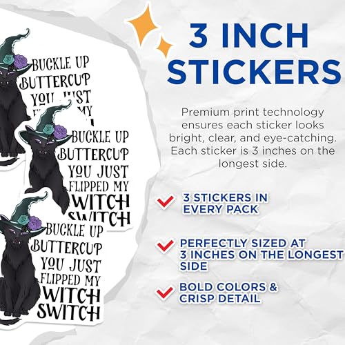 (3 Pack) Witch Cat Decals - Buckle Up Buttercup - Spooky Season Sticker - 3 Inches On Longest Side - Easy Peel & Apply - Made in USA - 3MCS2941