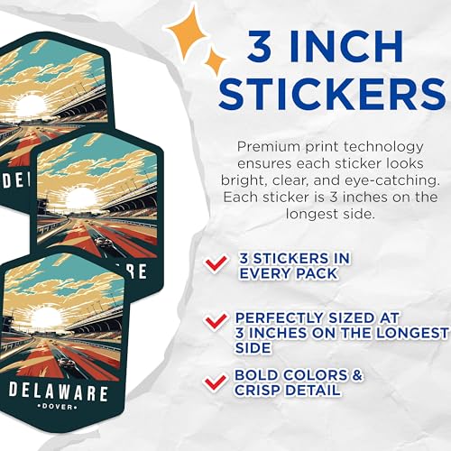 (3 Pack) Delaware Dover Decals - Racetrack Car Racing - Laptop Decal - 3 Inches On Longest Side - Easy Peel & Apply - Made in USA - 3MCS0349