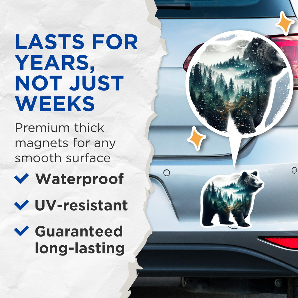 (2 Pack) Bear Magnets - Forest Landscape - Nature Inspired Fridge Home Decor - 5" On Longest Side - Premium Magnet - for Cars, Refrigerators, Toolboxes, Lockers - Made in USA - MAG16256