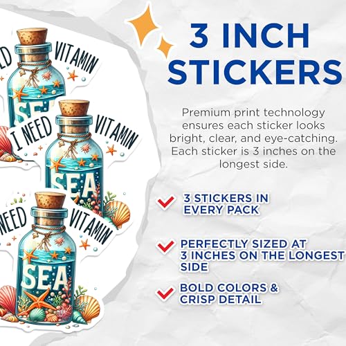 (3 Pack) Vitamin Sea Decals - Beach Lover Decal - Ocean Decals - 3 Inches On Longest Side - Easy Peel & Apply - Made in USA - 3MCS8060