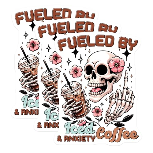 (3 Pack) Iced Coffee Decals - Anxiety Fuel - Skull Laptop Decal - 3 Inches On Longest Side - Easy Peel & Apply - Made in USA - 3MCS6288