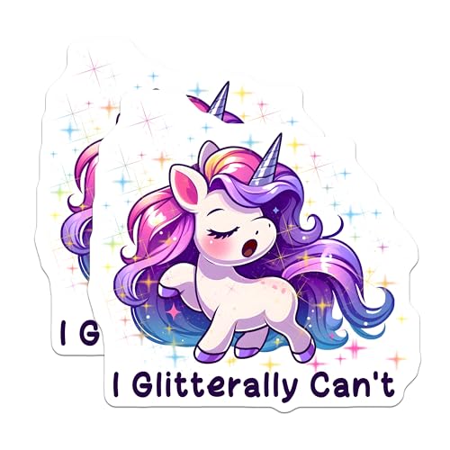 (2 Pack) Unicorn Stickers - I Glitterally Can't - Cute Unicorn Decal - 5" On Longest Side - Sticks to Smooth Flat Surfaces - Made in USA - BMCS5650