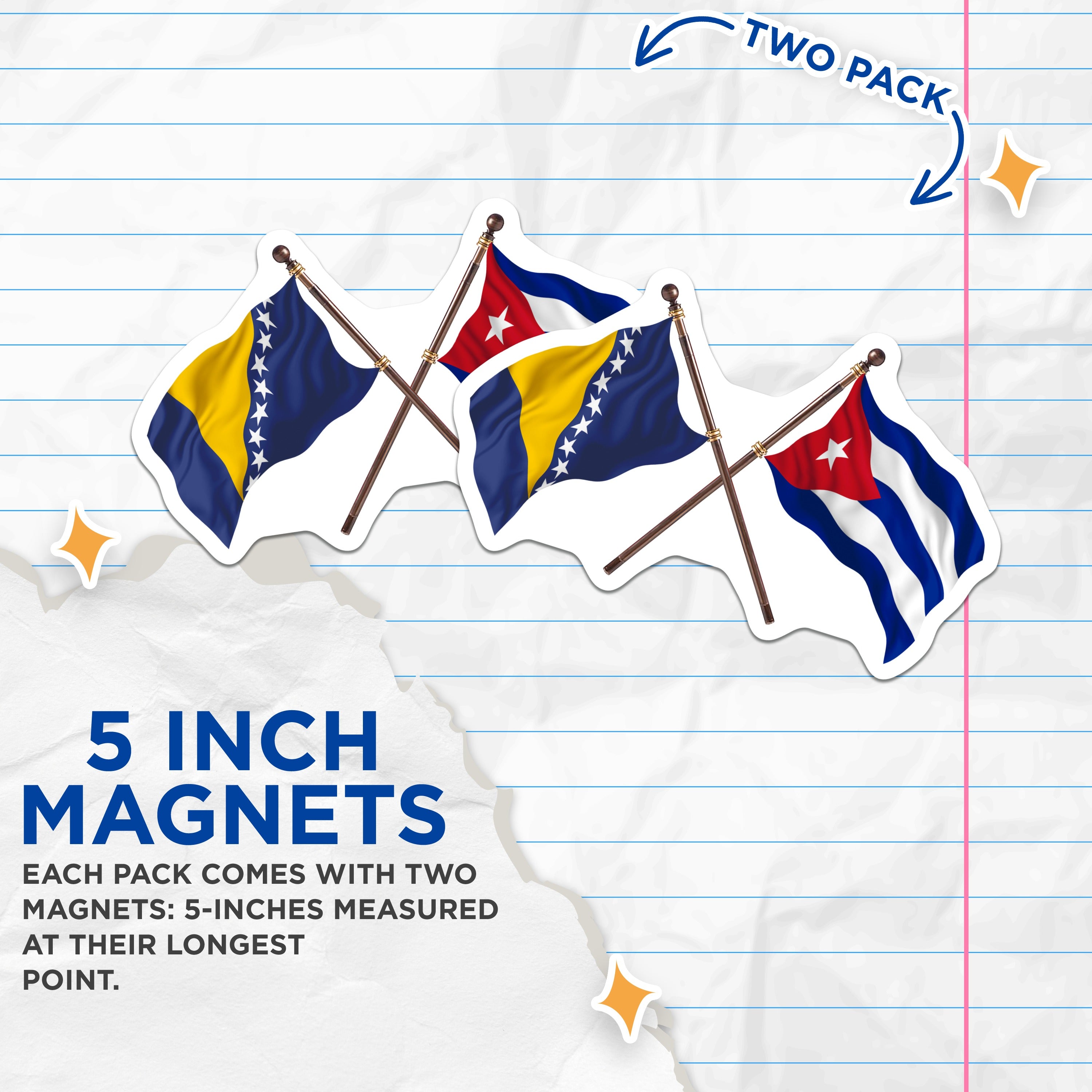 (2 Pack) Bosnia Herzegovina Cuban Flags Magnets - National Pride Souvenir - Cultural Home Adornment - 5 Inches On Longest Side - Thick Durable Magnet - Made in USA - MAG37009