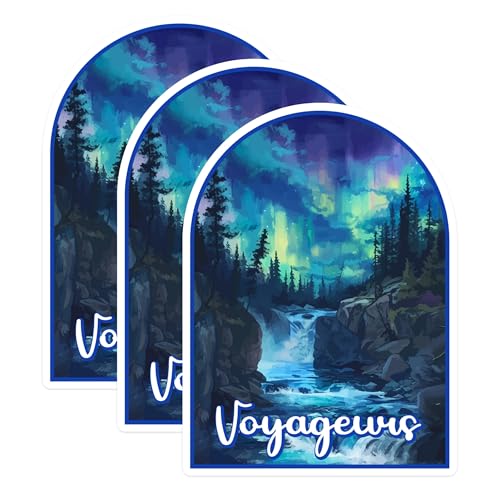 (3 Pack) Voyageurs Decals - Northern Lights Sticker - Waterfall Laptop Decal - 3 Inches On Longest Side - Easy Peel & Apply - Made in USA - 3MCS0437