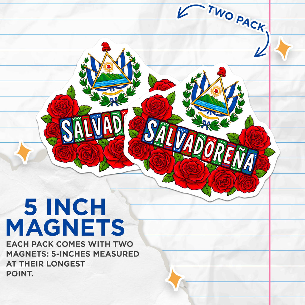 (2 Pack) Salvadoreña El Salvador National Magnets - Central American Heritage Emblem - Patriotic Roses Latina Culture - 5 Inches On Longest Side - Thick Durable Magnet - Made in USA - MAG23680