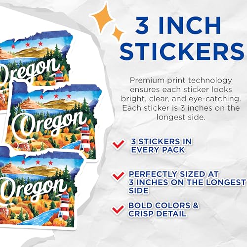 (3 Pack) Oregon Decals - State Pride Stickers - Laptop Decal - Water Bottle Sticker- 3 Inches On Longest Side - Easy Peel & Apply - Made in USA - 3MCS5032