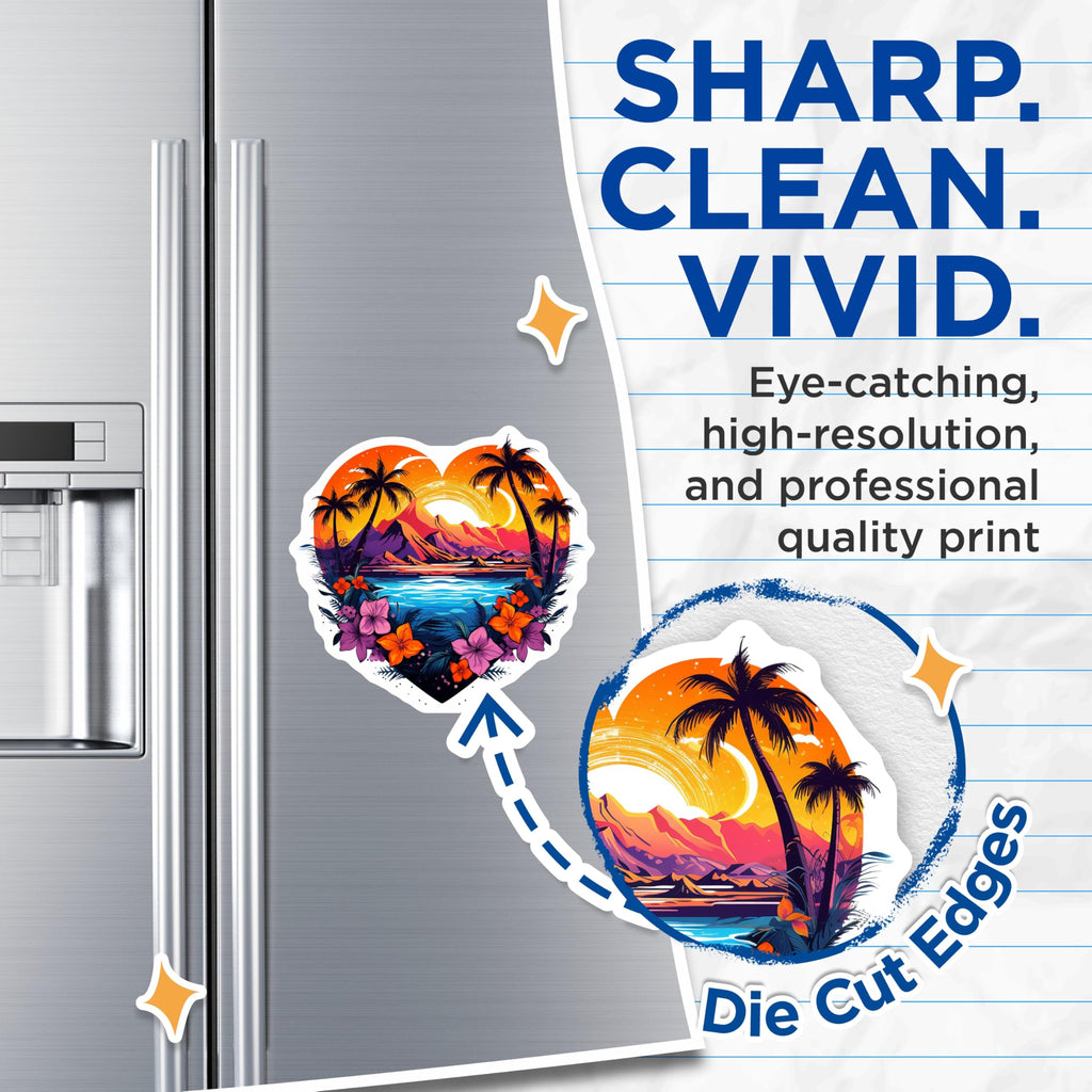 (2 Pack) Tropical Heart Magnets - Sunset Beach Palm Tree Decor - Island Scenic Landscape Art - 5 Inches On Longest Side - Thick Durable Magnet - Made in USA - MAG19834
