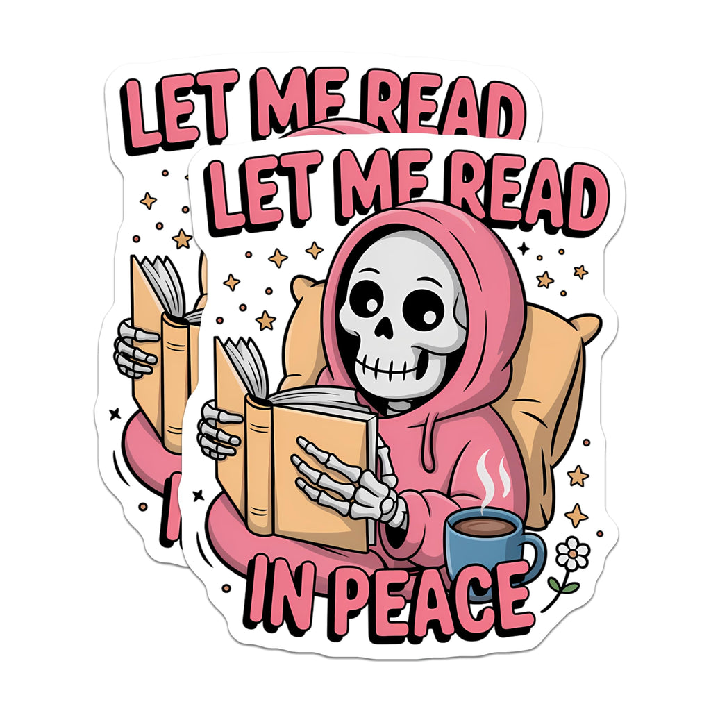 (2 Pack) Let Me Read in Peace Magnets - Bookworm Skeleton Decor - Cozy Reader Quiet Time Coffee - 5 Inches On Longest Side - Thick Durable Magnet - Made in USA - MAG21896
