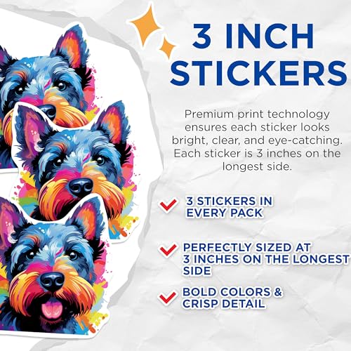 (3 Pack) Scottie Dog Decals - Scottish Terrier - Colorful Pet Decal - 3 Inches On Longest Side - Easy Peel & Apply - Made in USA - 3MCS0818