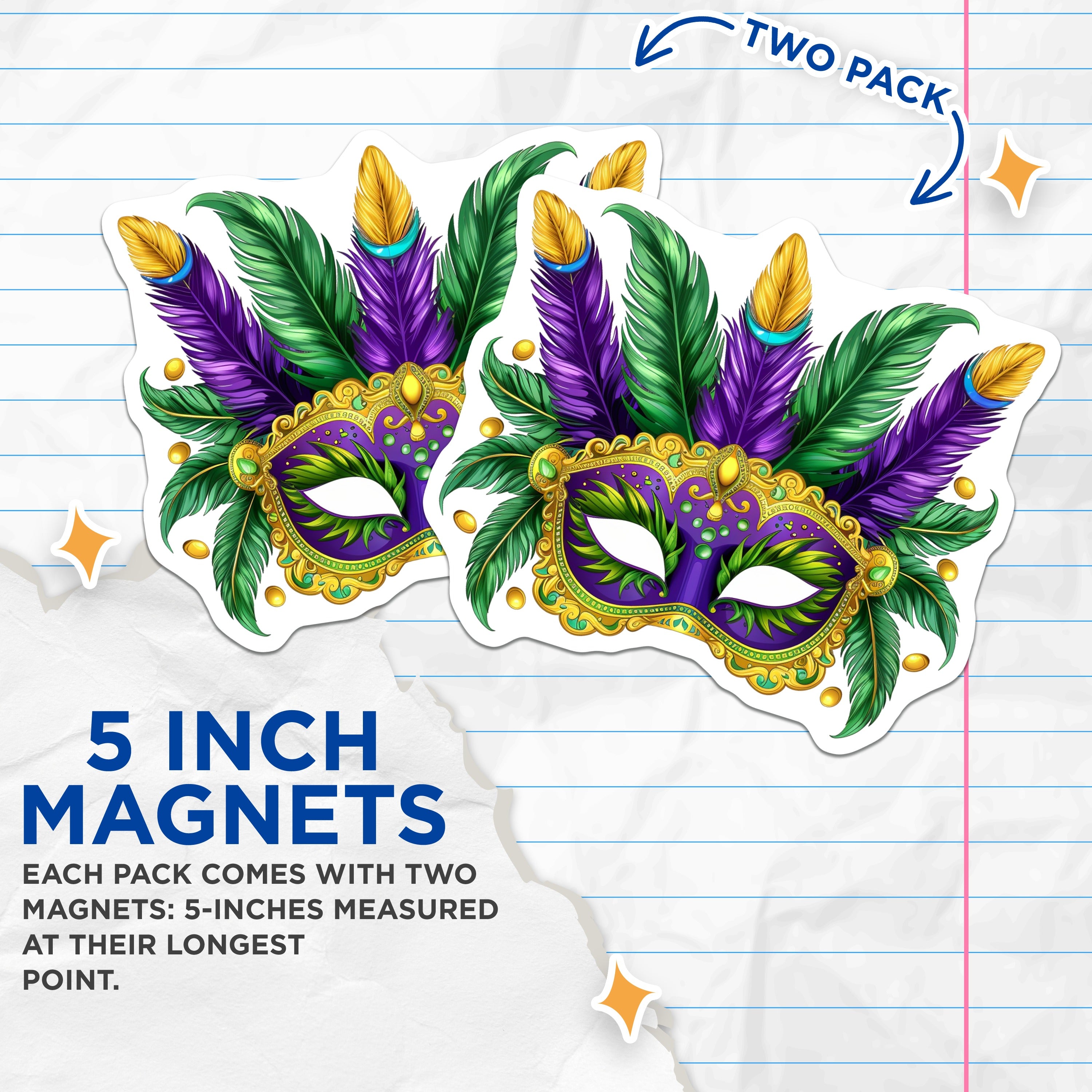 (2 Pack) Mardi Gras Feather Mask Magnets - New Orleans Carnival Decor - Festive Party Magnets - 5 Inches On Longest Side - Thick Durable Magnet - Made in USA - MAG39201