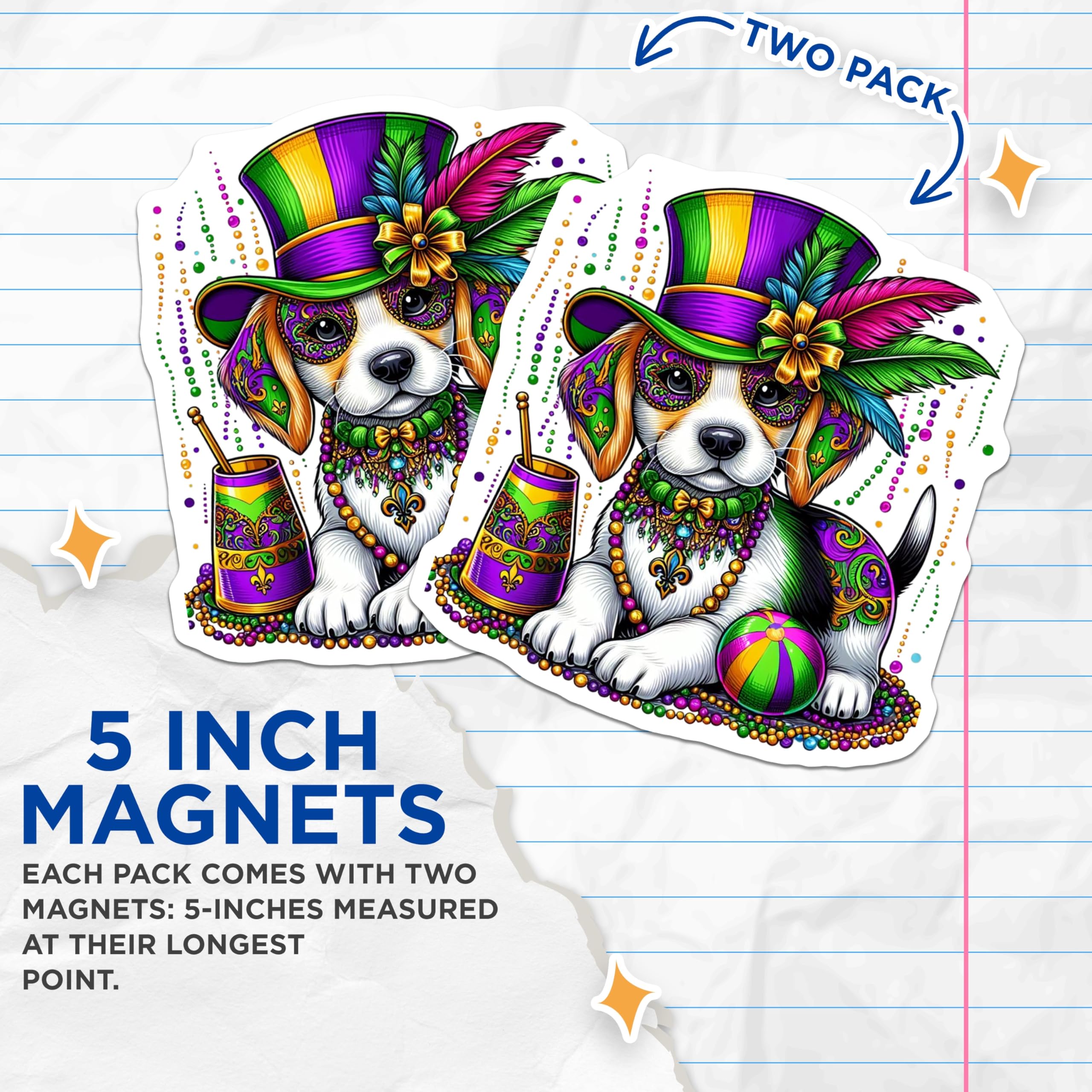 (2 Pack) Mardi Gras Dog Magnets - New Orleans Beagle - Festive Carnival Puppy Decor - 5" On Longest Side - Premium Magnet - for Cars, Refrigerators, Toolboxes, Lockers - Made in USA - MAG15303
