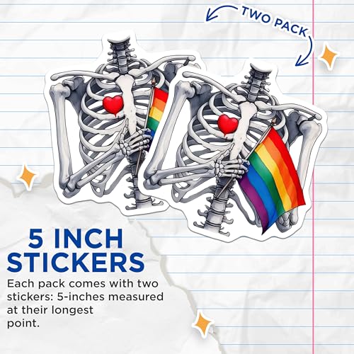 (2 Pack) Skeleton LGBTQ Pride Stickers - Rainbow Flag Stickers - Love and Equality Decals - 5" On Longest Side - Sticks to Smooth Flat Surfaces - Made in USA - BMCS7217