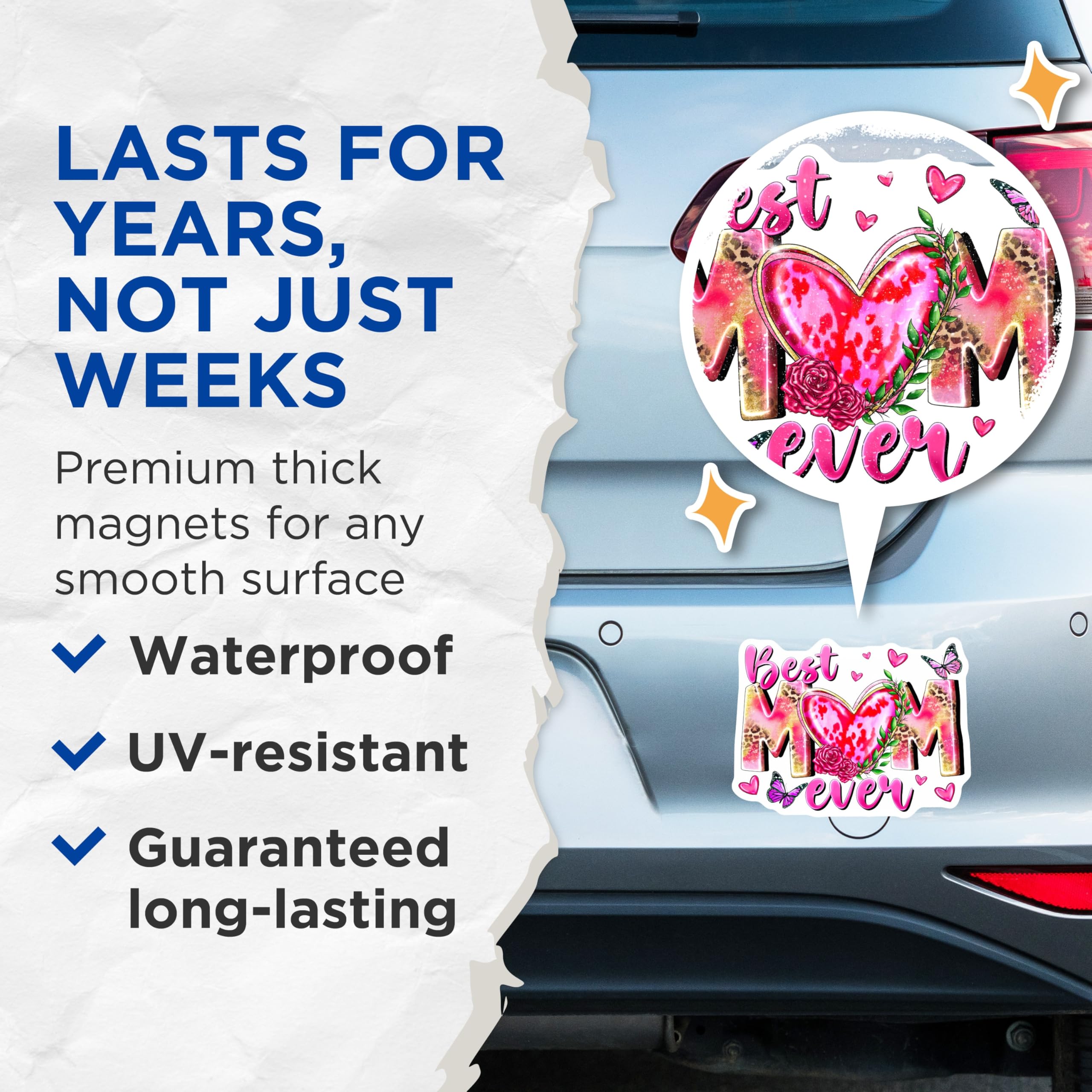 (2 Pack) Best Mom Ever Magnets - Mother's Day Decor - Pink Leopard Hearts Butterflies - 5 Inches On Longest Side - Thick Durable Magnet - Made in USA - MAG24622