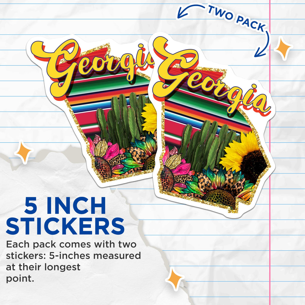 (2 Pack) Georgia State Pride Stickers - Southern Decor - Cactus Sunflowers Decals - 5" On Longest Side - Sticks to Smooth Flat Surfaces - Made in USA - BMCS17399