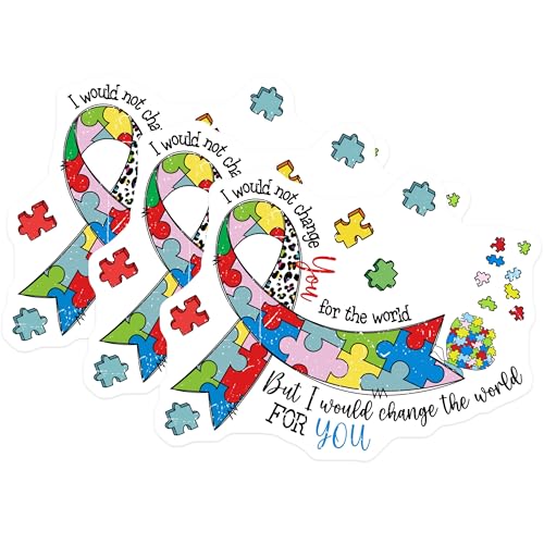 (3 Pack) Autism Awareness Decals - Puzzle Piece Ribbon - I Would Not Change You Stickers - 3 Inches On Longest Side - Easy Peel & Apply - Made in USA - 3MCS7662