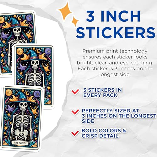 (3 Pack) Witch Tarot Card Decals - Spooky Skeleton - Halloween Laptop Decal - 3 Inches On Longest Side - Easy Peel & Apply - Made in USA - 3MCS4285