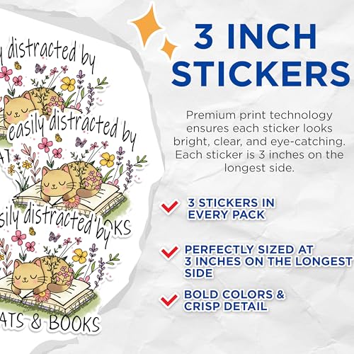 (3 Pack) Cat and Books Decals - Easily Distracted Kitty - Reading Lover Decals - 3 Inches On Longest Side - Easy Peel & Apply - Made in USA - 3MCS1665