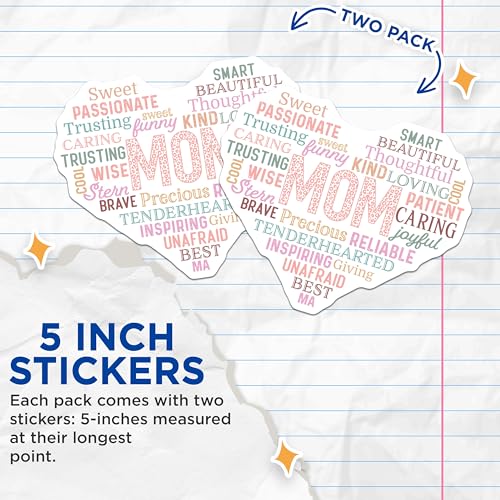 (2 Pack) Mom Heart Word Art Stickers - Positive Affirmations - Mother Appreciation Stickers - 5" On Longest Side - Sticks to Smooth Flat Surfaces - Made in USA - BMCS7202