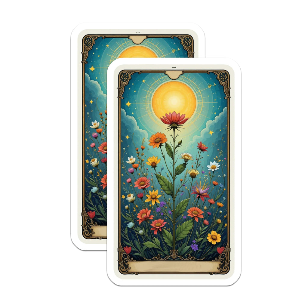 (2 Pack) Tarot Sun Card Stickers - Vibrant Floral Art - Mystical Botanical Garden - 5" On Longest Side - Sticks to Smooth Flat Surfaces - Made in USA - BMCS21090