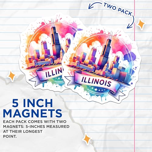 (2 Pack) Illinois Skyline Magnets - State Landmarks - Vibrant Cityscape Art - Travel Souvenir - 5" On Longest Side - for Cars, Fridges, Toolboxes - Made in USA - MAG6936