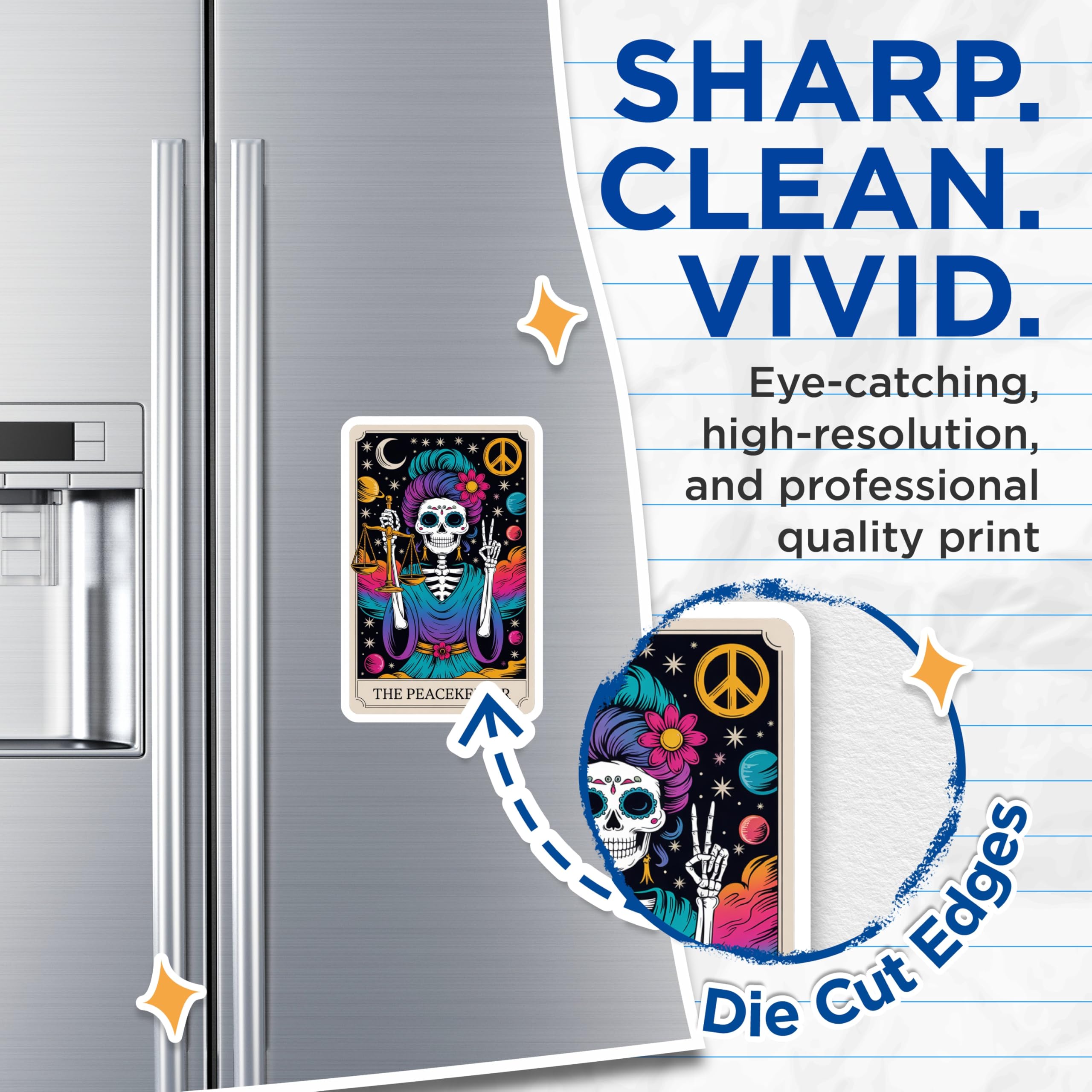 (2 Pack) Peacekeeper Sugar Skull Magnets - Tarot Card Celestial Artwork - Hippie Peace Balance Symbolism Decor - 5 Inches On Longest Side - Thick Durable Magnet - Made in USA - MAG21129