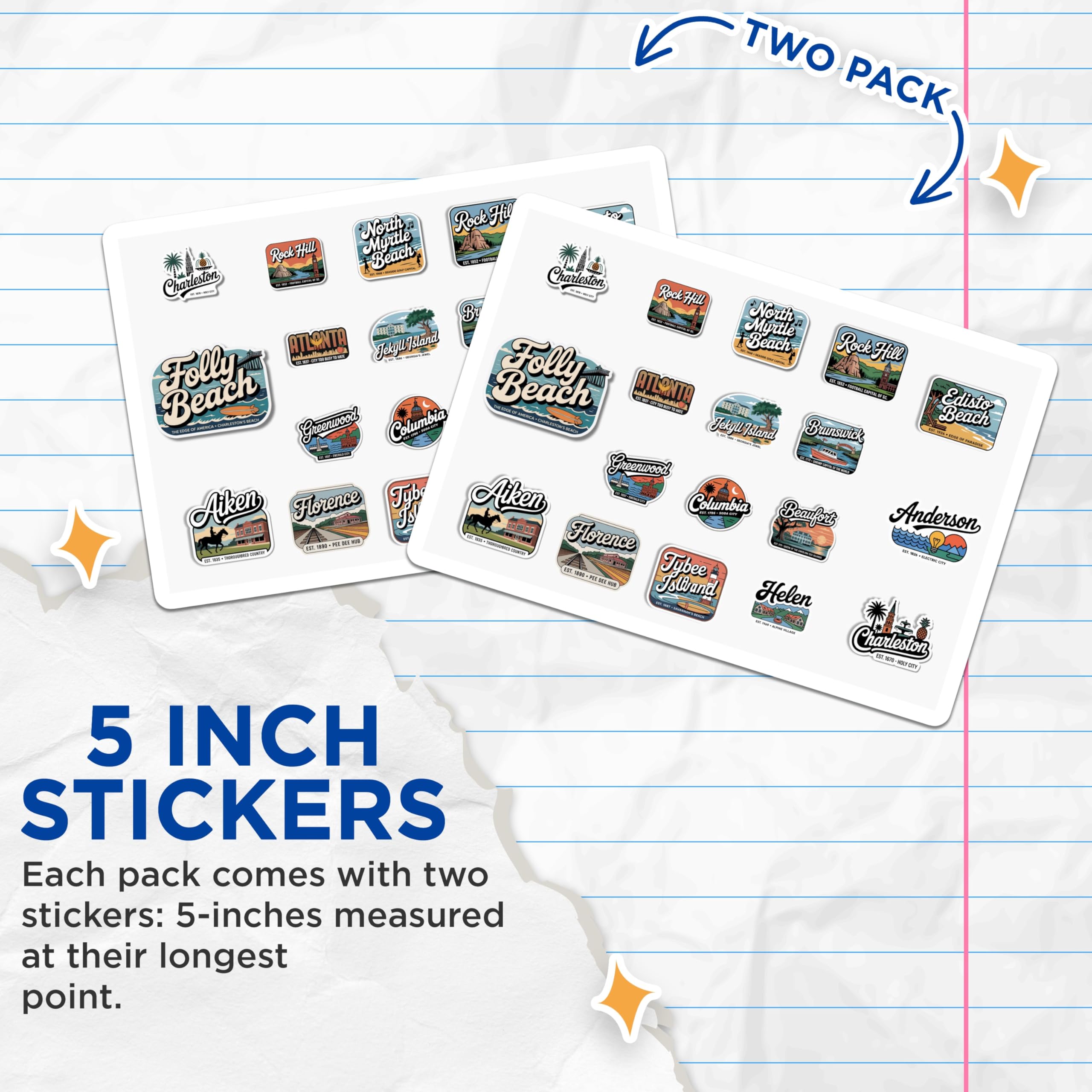 (2 Pack) City Travel Stickers - State Pride Stickers - Souvenir Stickers - 5" On Longest Side - Sticks to Smooth Flat Surfaces - Made in USA - BMCS18662