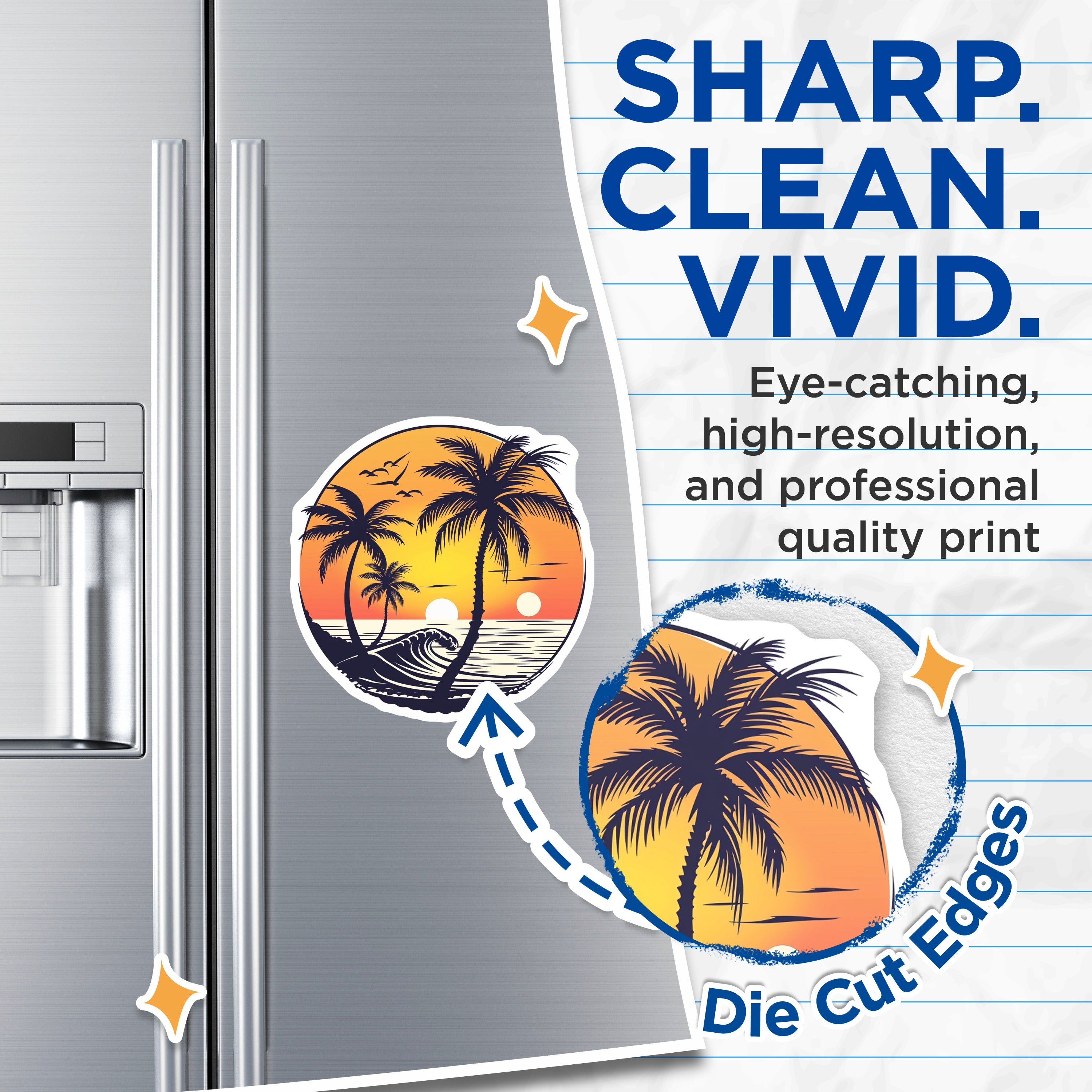 (2 Pack) Sunset Beach Magnets - Tropical Palm Tree Ocean Waves - Retro Beach House Decor - 5 Inches On Longest Side - Thick Durable Magnet - Made in USA - MAG36877