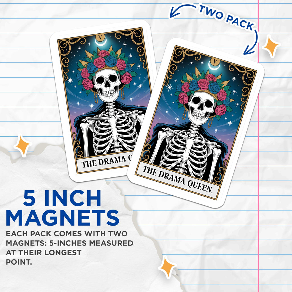 (2 Pack) Drama Queen Skeleton Magnets - Tarot Card Aesthetic Fridge Decor - Mystical Goth Home Accessories - 5 Inches On Longest Side - Thick Durable Magnet - Made in USA - MAG21188