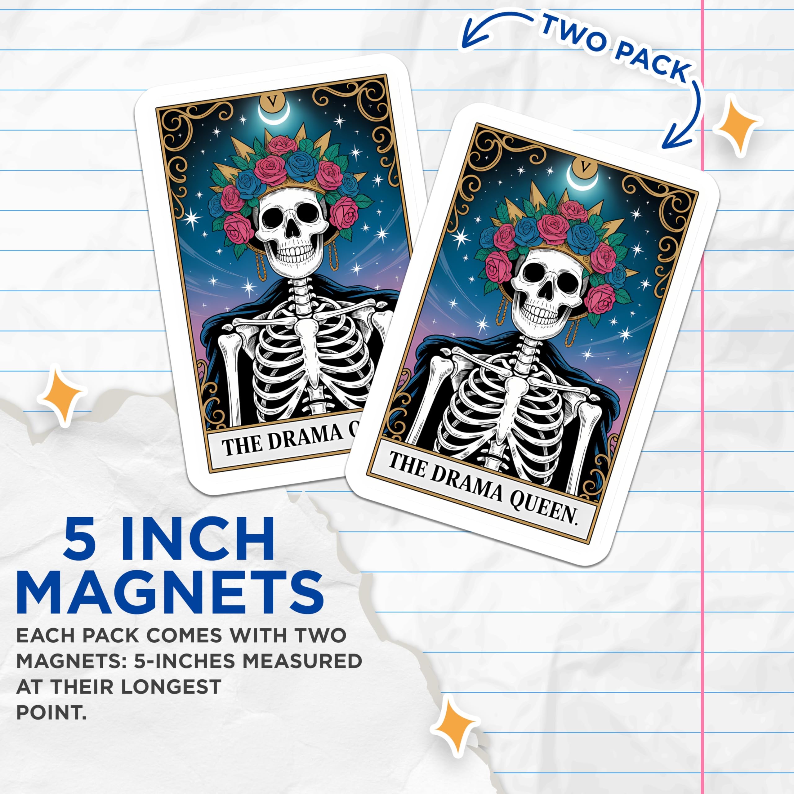 (2 Pack) Drama Queen Skeleton Magnets - Tarot Card Aesthetic Fridge Decor - Mystical Goth Home Accessories - 5 Inches On Longest Side - Thick Durable Magnet - Made in USA - MAG21188