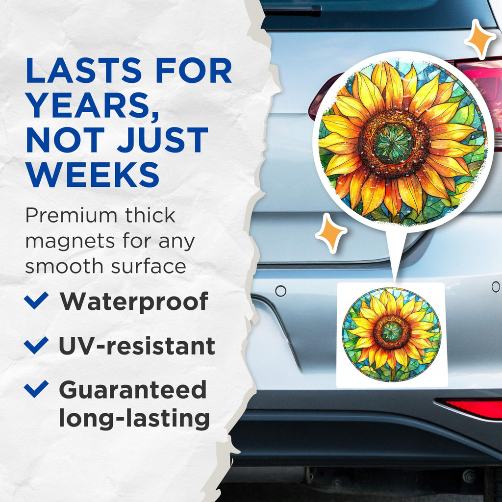 (2 Pack) Stained Glass Sunflower Magnets - Nature Art Decor - Boho Floral Kitchen Fridge - 5 Inches On Longest Side - Thick Durable Magnet - Made in USA - MAG26903