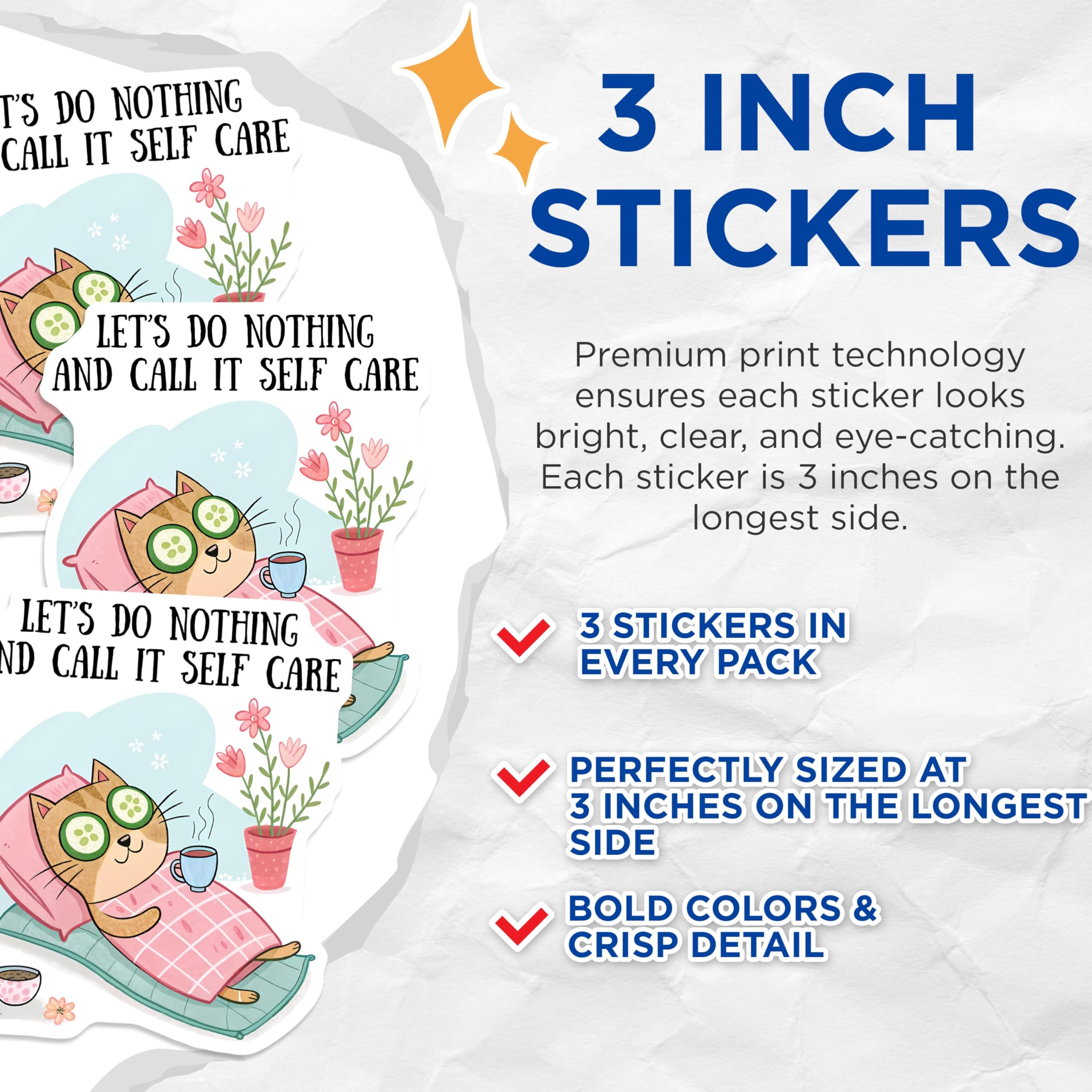 (3 Pack) Self Care Cat Decals - Relaxing Cat Stickers - Laptop Decals - 3 Inches On Longest Side - Easy Peel & Apply - Made in USA - 3MCS2094