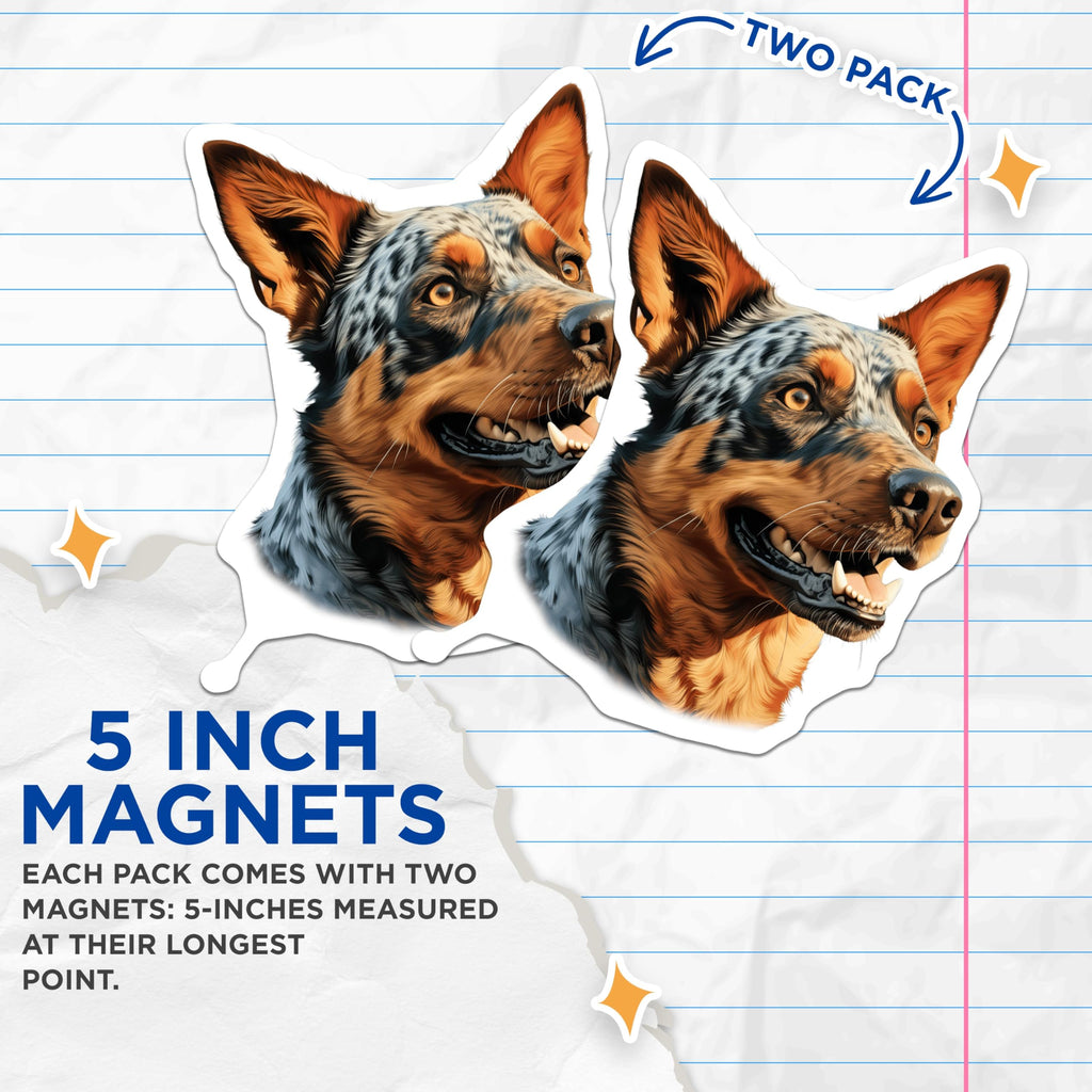 (2 Pack) Australian Cattle Dog Magnets - Blue Heeler Refrigerator Magnet - Farm Dog Art Decoration - Dog Breed Kitchen Decor - 5 Inches On Longest Side - Thick Durable Magnet - Made in USA - MAG24284