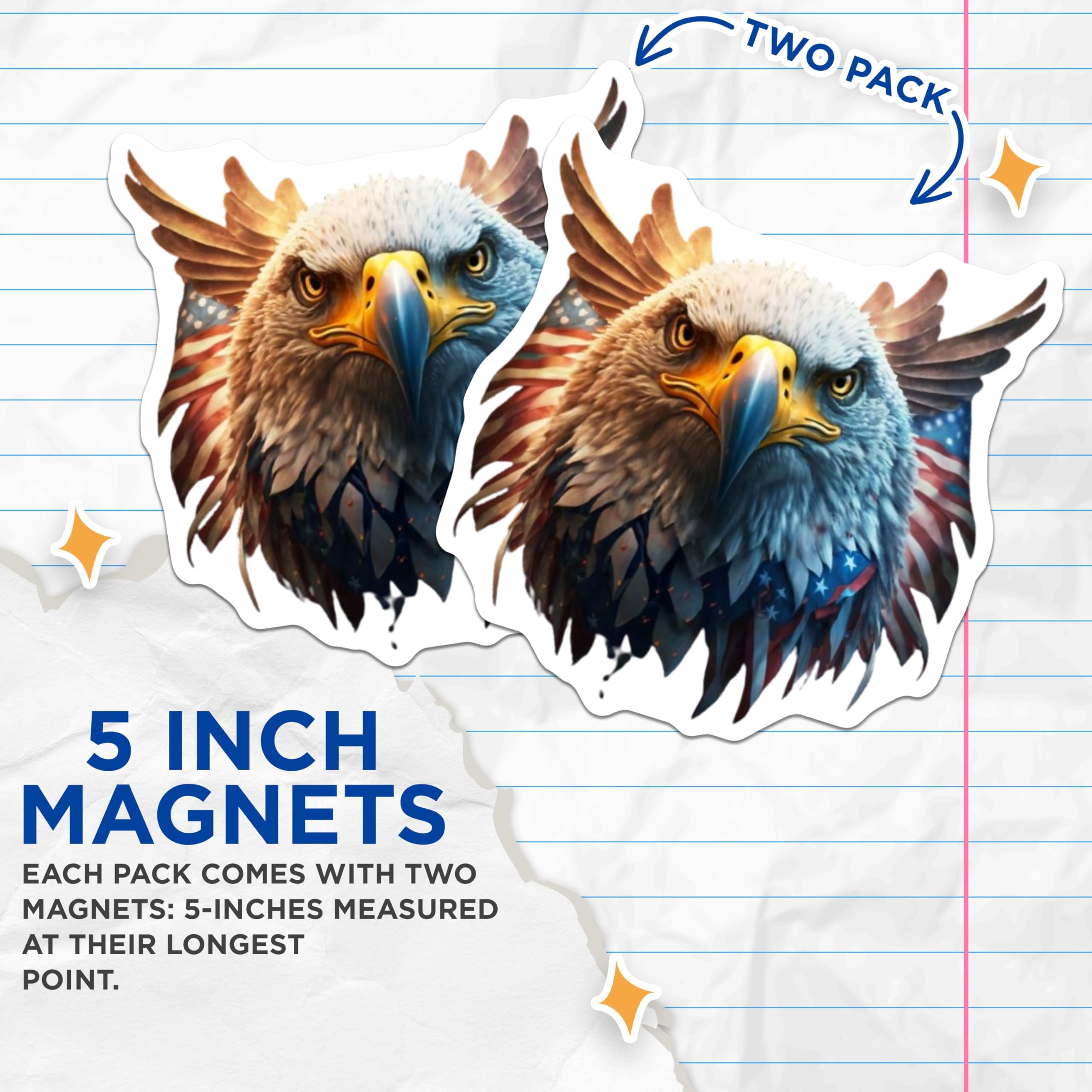 (2 Pack) Bald Eagle Magnets - American Flag Design - Patriotic USA Symbol - Independence Day Decor - Veterans Day Tribute - 5 Inches On Longest Side - Thick Durable Magnet - Made in USA - MAG22017