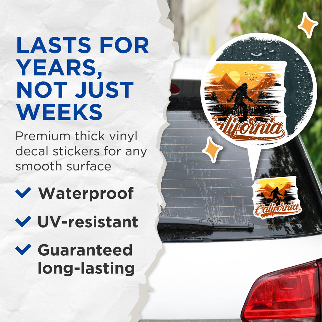 (2 Pack) Bigfoot California Stickers - Sasquatch Mountain Sunset - Cryptid Forest Adventure - 5" On Longest Side - Sticks to Smooth Flat Surfaces - Made in USA - BMCS20253