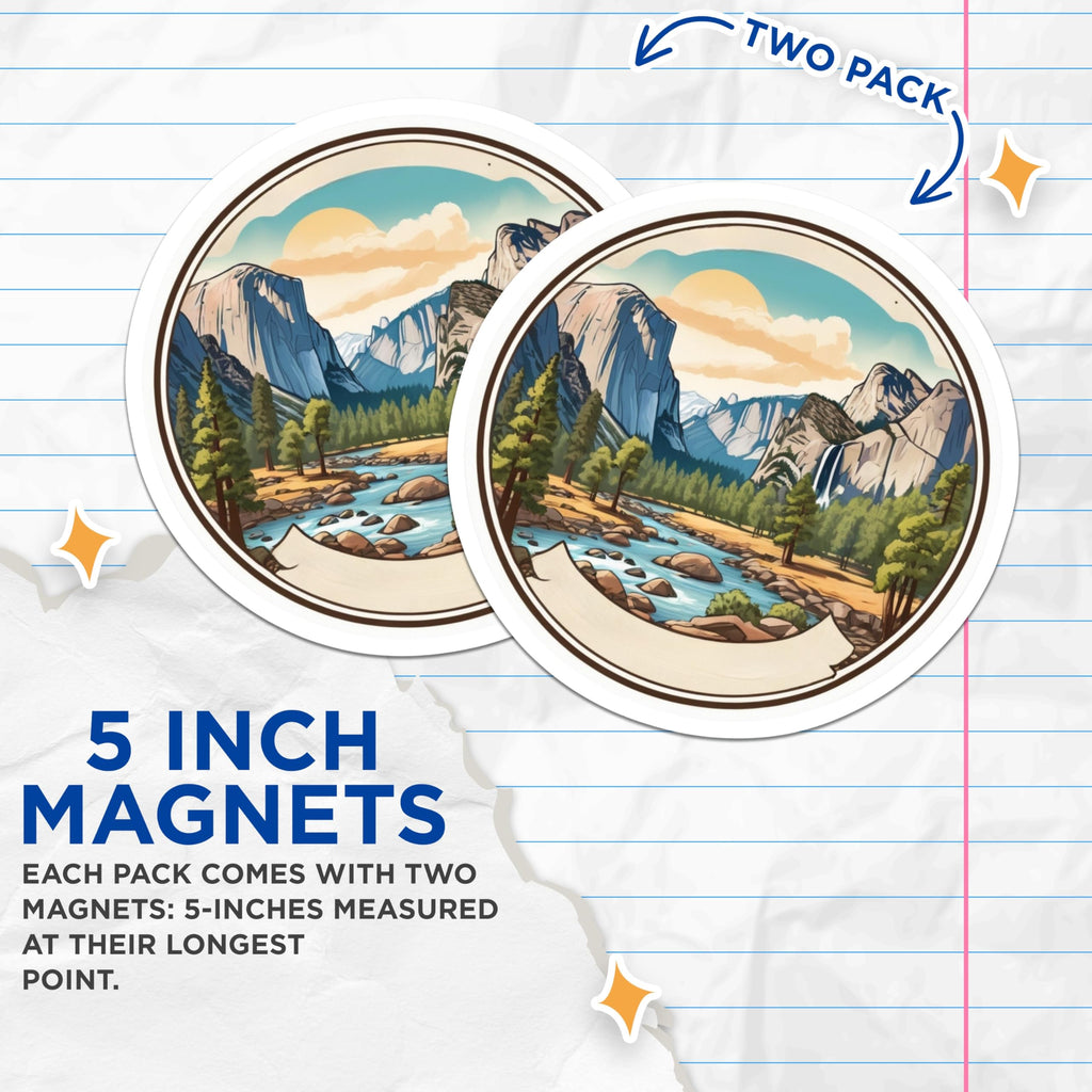 (2 Pack) National Park Magnets - Yosemite Valley Art - Mountain Landscape Decor - River Waterfall Scene - 5 Inches On Longest Side - Thick Durable Magnet - Made in USA - MAG22047